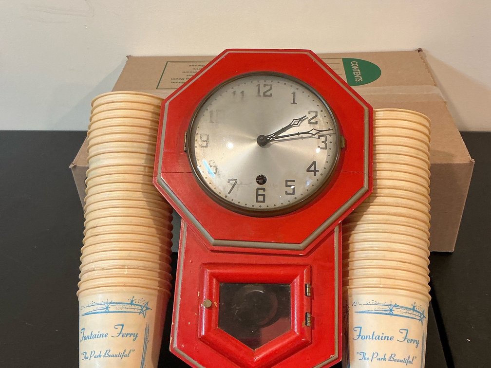 Antique clock w/Fountain Ferry Park cups