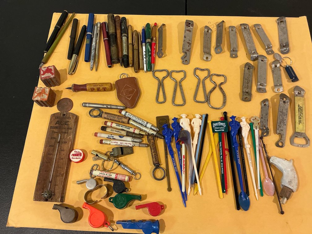 Vintage toys, bar items, misc