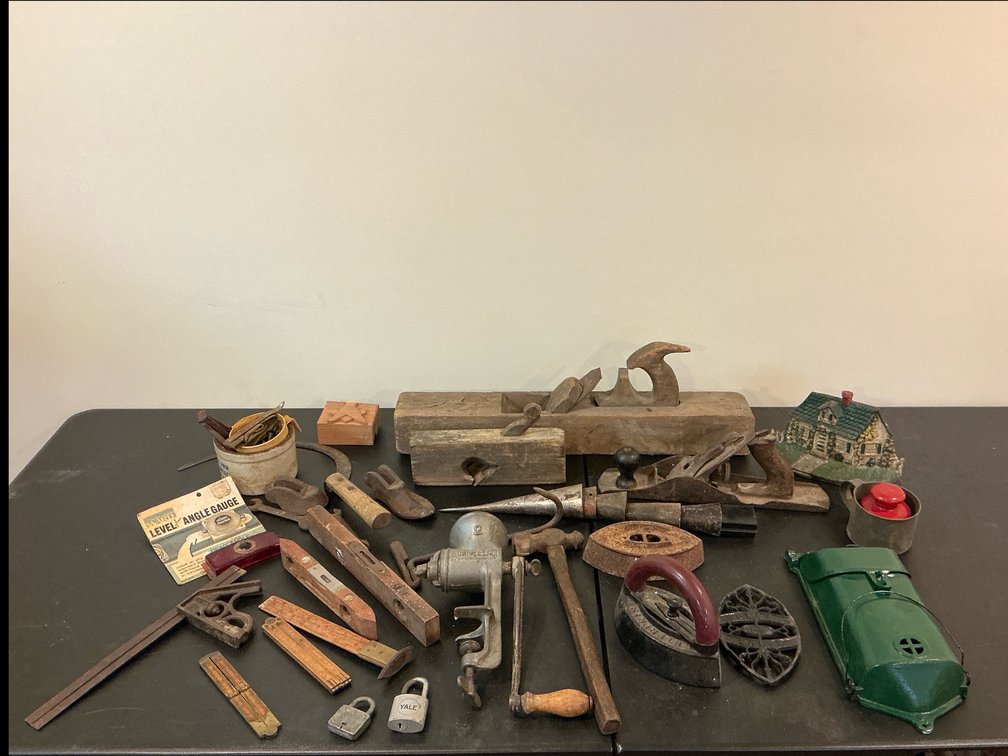 Misc antique hand tools and mail box