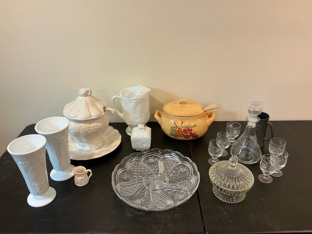 Various milk glass candy dishes , pitcher odds and ends