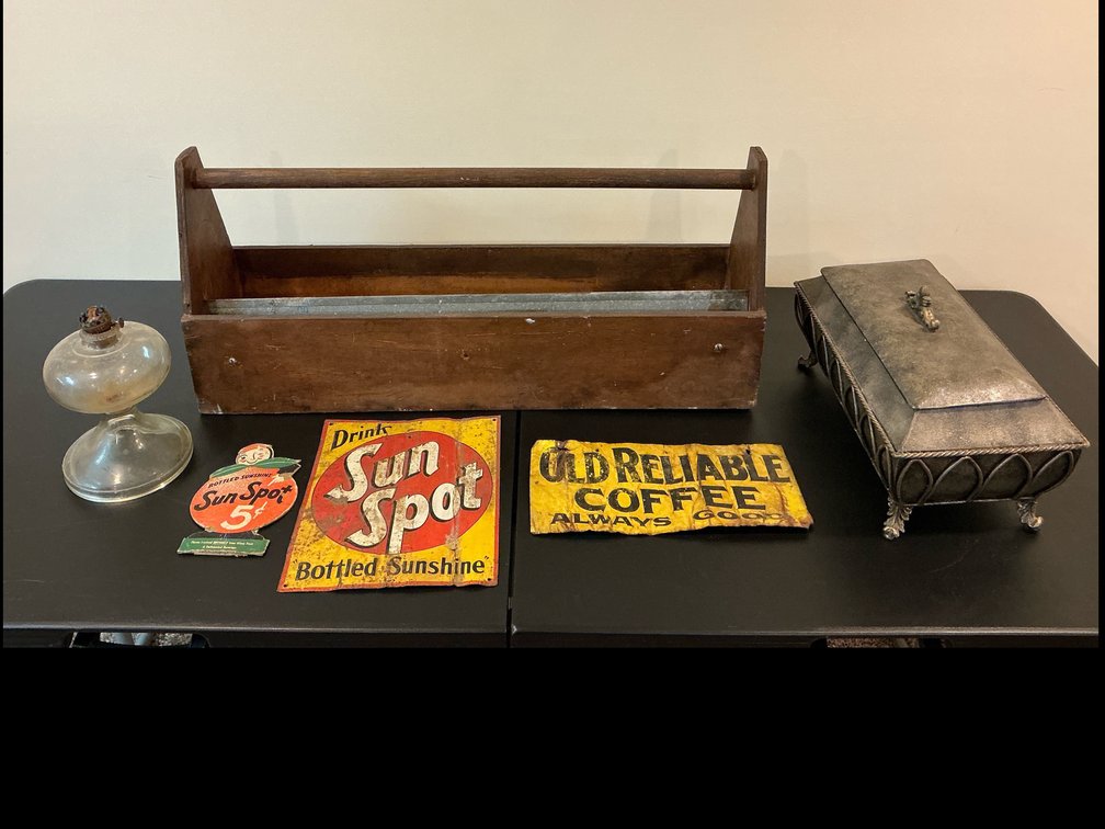 Wooden tool box , misc vintage advertising signs 