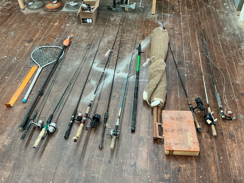 Fishing poles, boxs, nets, ext. 