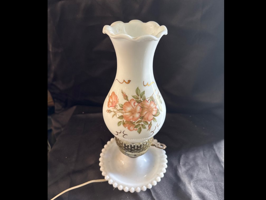 Hand-Painted Milk Glass Hurricane-Style Electric Table Lamp