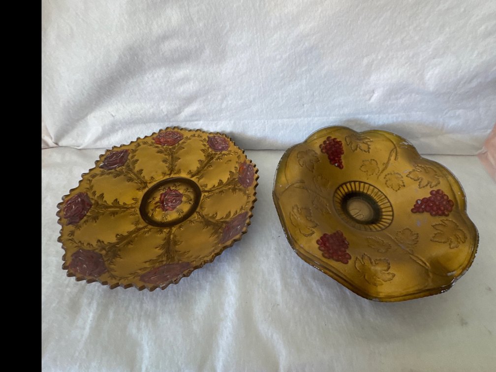 Amber Pressed Glass Decorative Dishes and Embossed Metal Rose Medallion