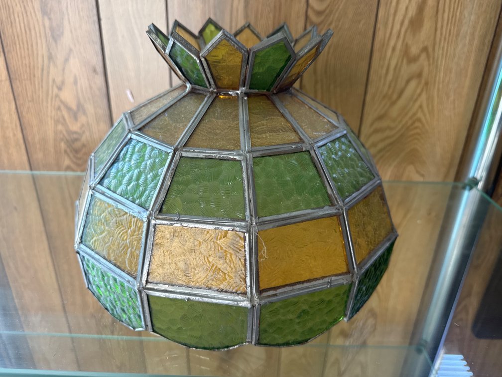 Green and Amber Leaded Stained Glass Lamp Shade