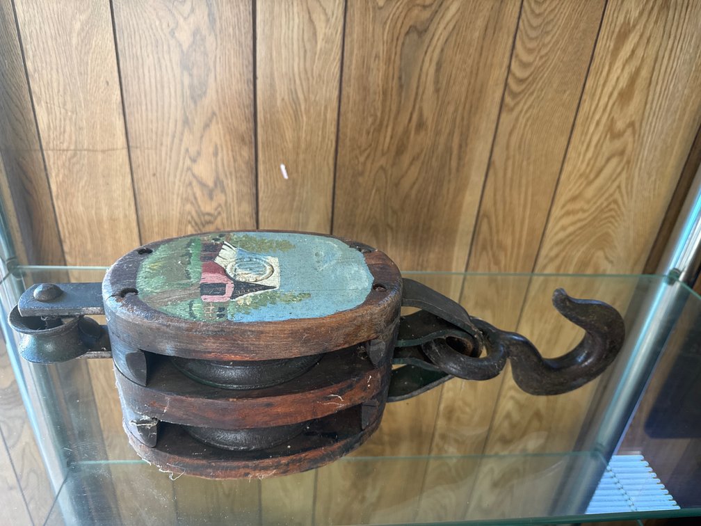 Wooden Double-Sheave Pulley Block with Hand-Painted Landscape