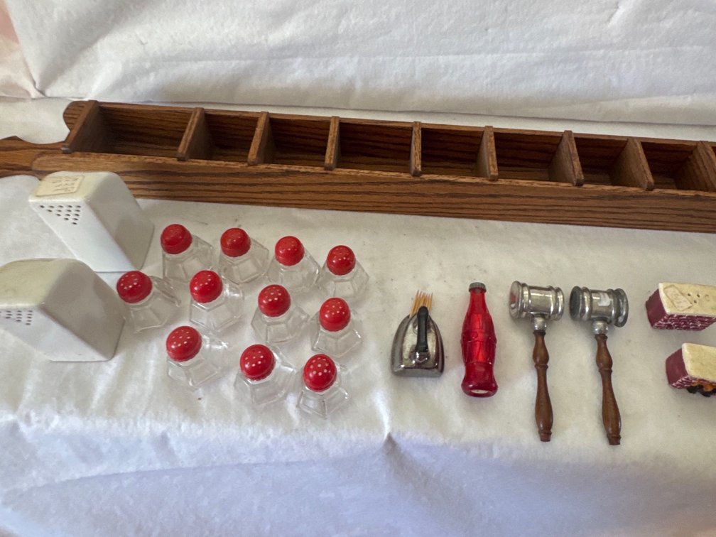 Miniature Novelty Salt and Pepper Shakers with Wooden Display Rack