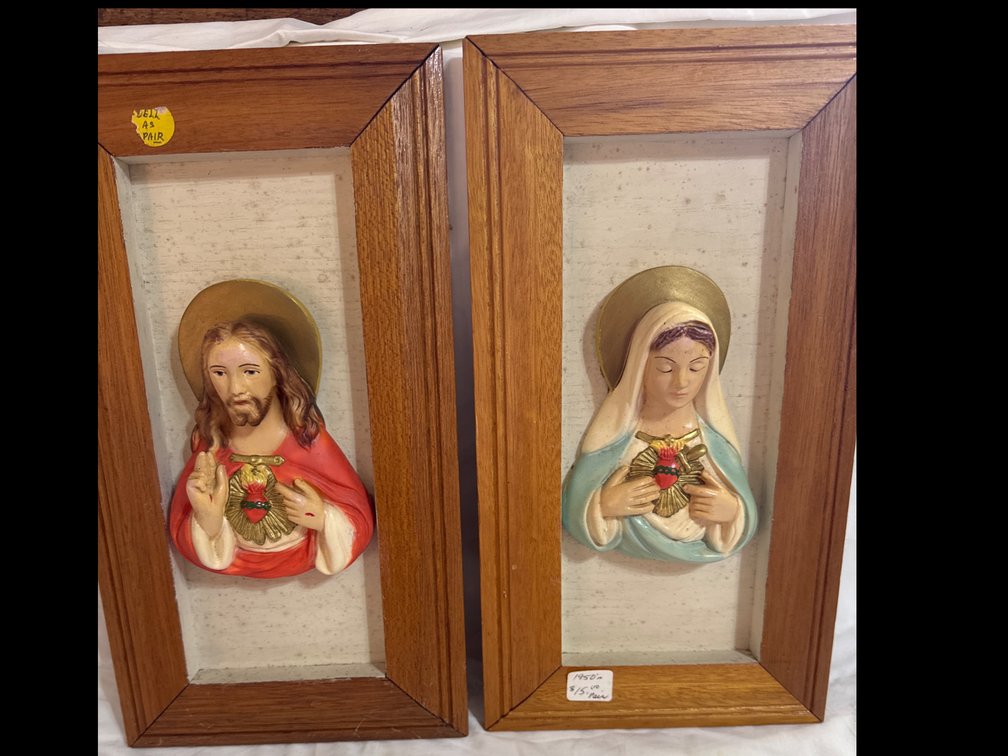 Pair of Framed Sacred Heart of Jesus and Immaculate Heart of Mary Relief Plaques