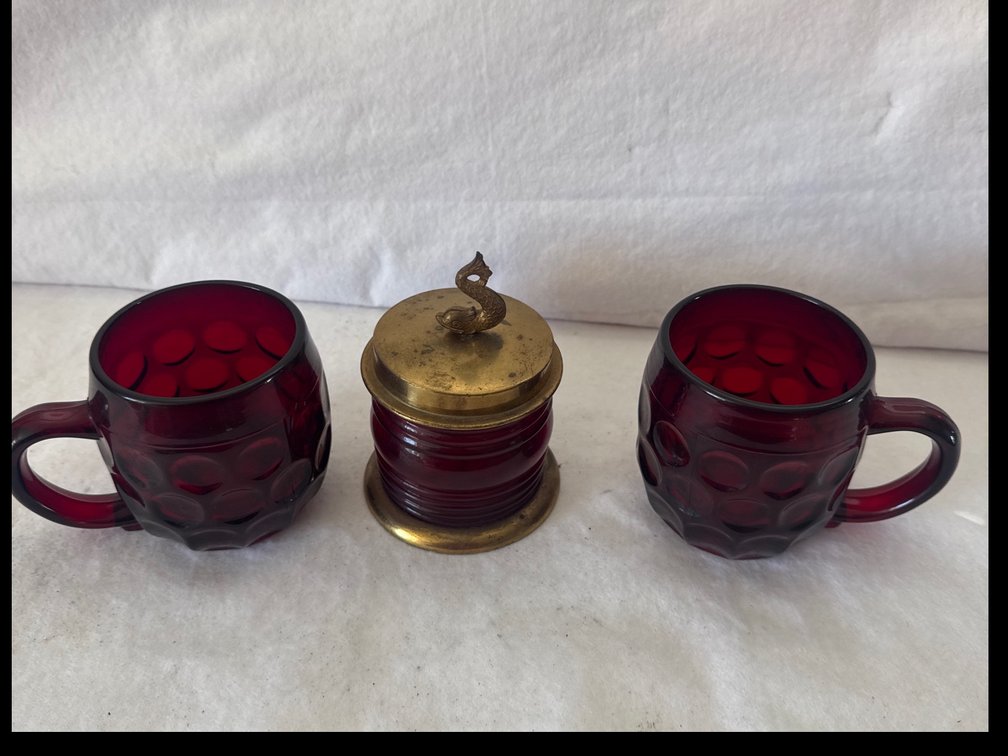Ruby Red Pressed Glass Mugs and Brass-Mounted Lidded Jar