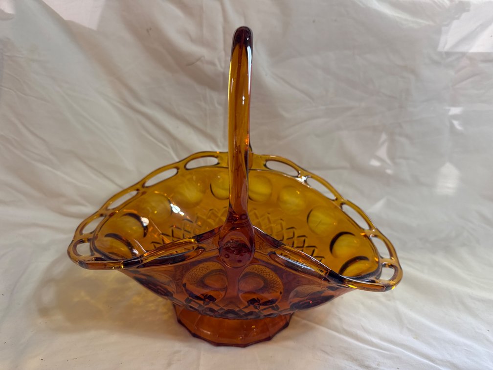 Amber Pressed Glass Basket with Applied Handle