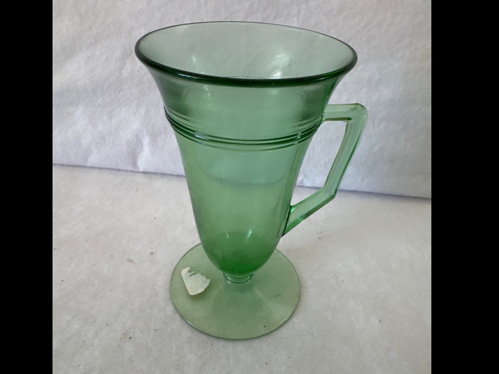 Green Glass Footed Mug, Cup, and Saucer