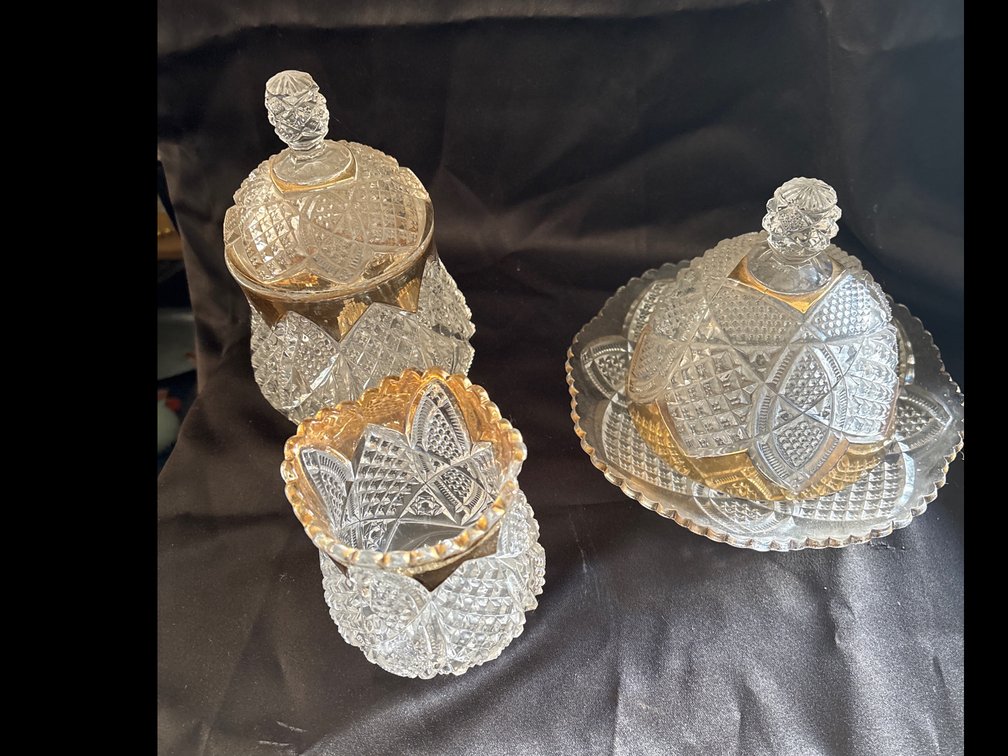 Three-Piece Cut Glass Tableware Set with Gilded Trim