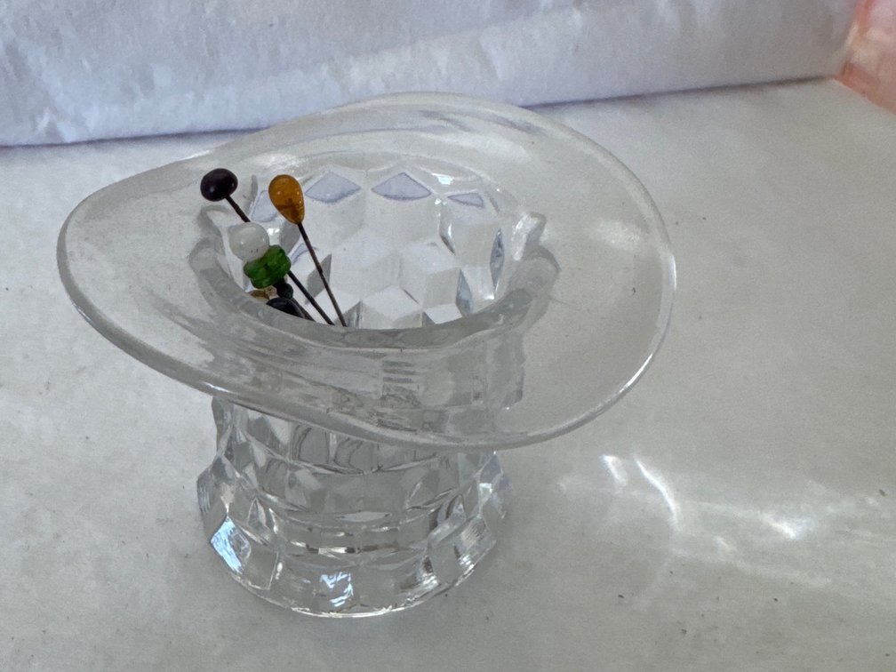 Clear Glass Top Hat Holder with Decorative Stickpins