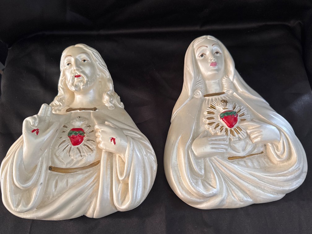 Pair of Sacred Heart of Jesus and Immaculate Heart of Mary Plaster Wall Plaques