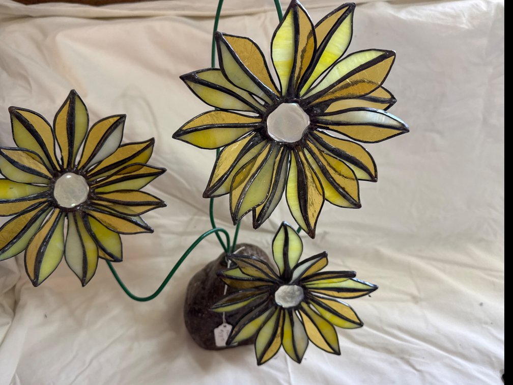 Leaded Stained Glass Three-Flower Sculpture on Stone Base