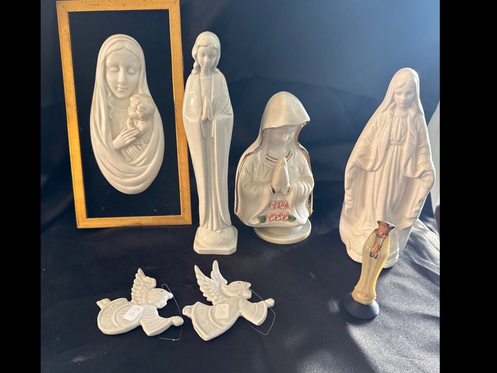 Religious Figurines, Hanging Ornaments, and Framed Wall Plaque (7 Pieces)
