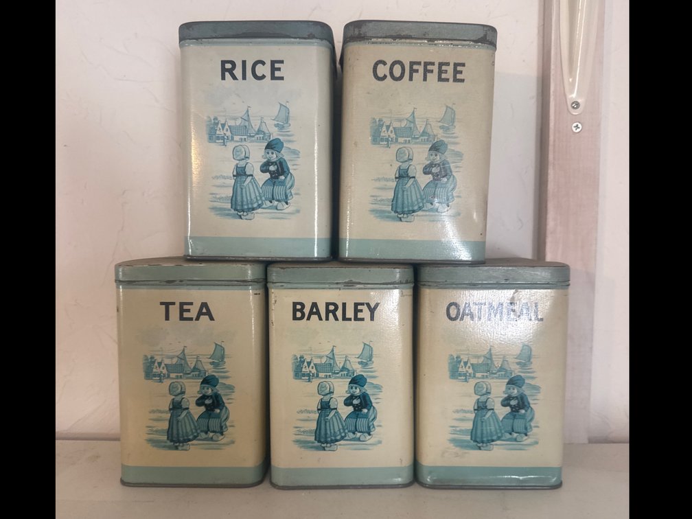 Set of 5 Lithographed Tin Kitchen Canisters with Dutch Motif