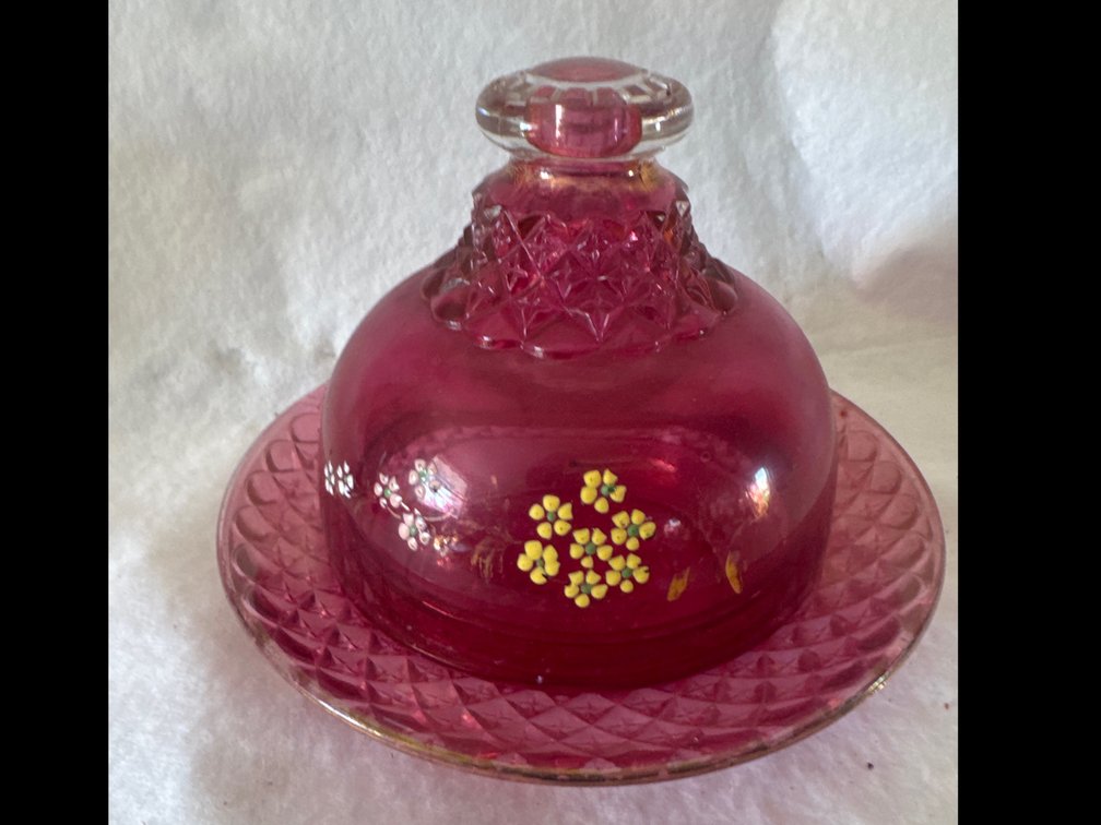 Cranberry Glass Domed Butter Dish and Underplate
