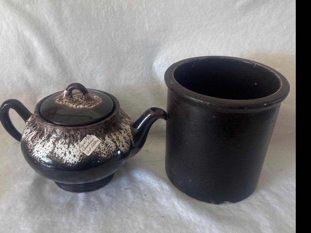 Ceramic Teapot and Stoneware Crock