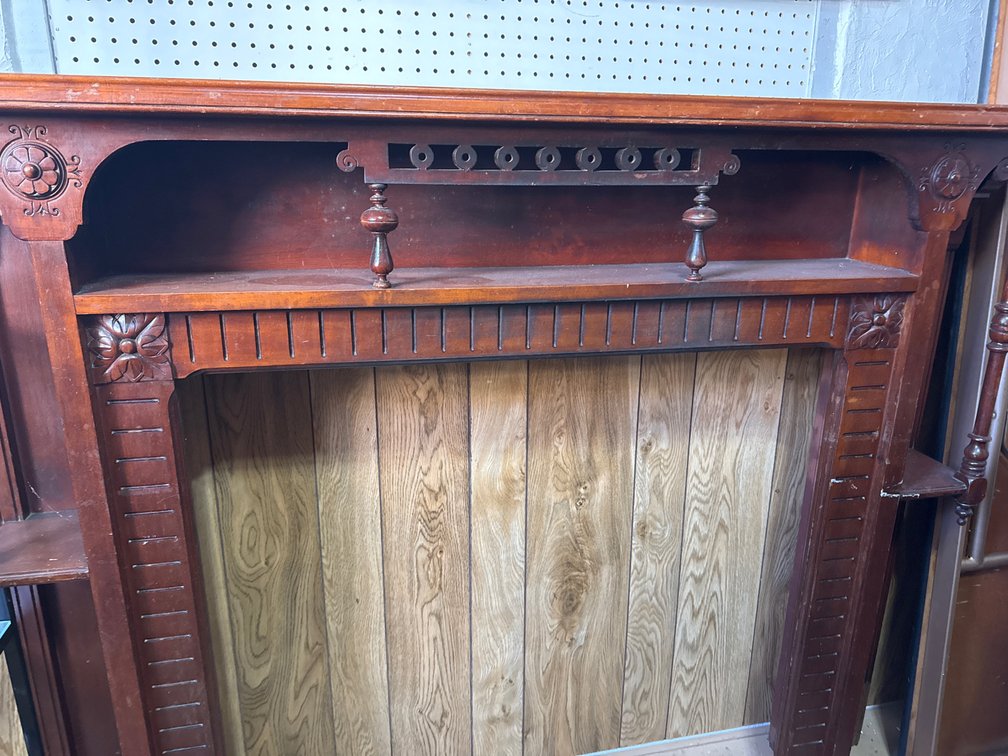 Carved Wood Fireplace Mantel Surround with Display Shelves and Fretwork