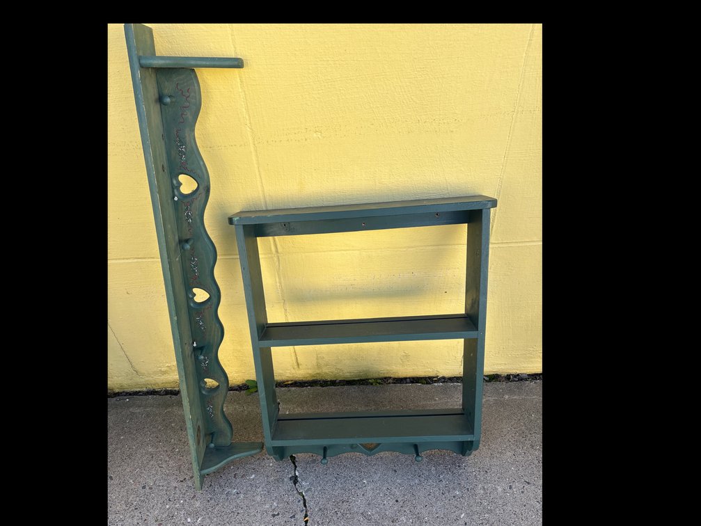Pair of Dark Green Painted Wooden Wall Shelves with Pegs