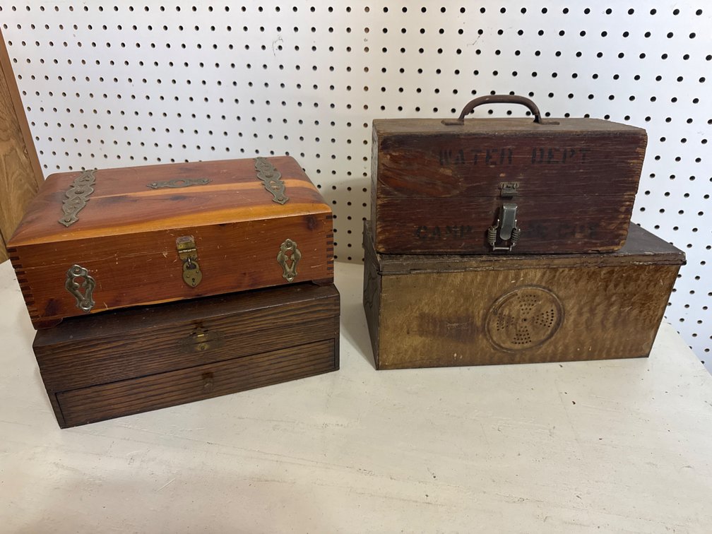 Group of Wooden Boxes and Metal Storage Box