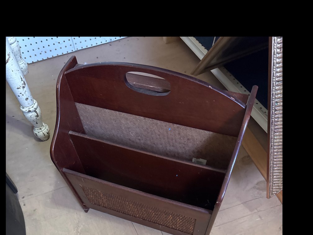 Dark Wood Magazine Rack with Woven Cane Panel