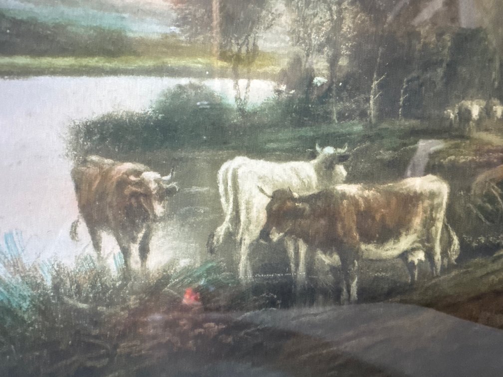 Framed Pastoral Landscape Print with Cattle in Tiger-Grain Frame