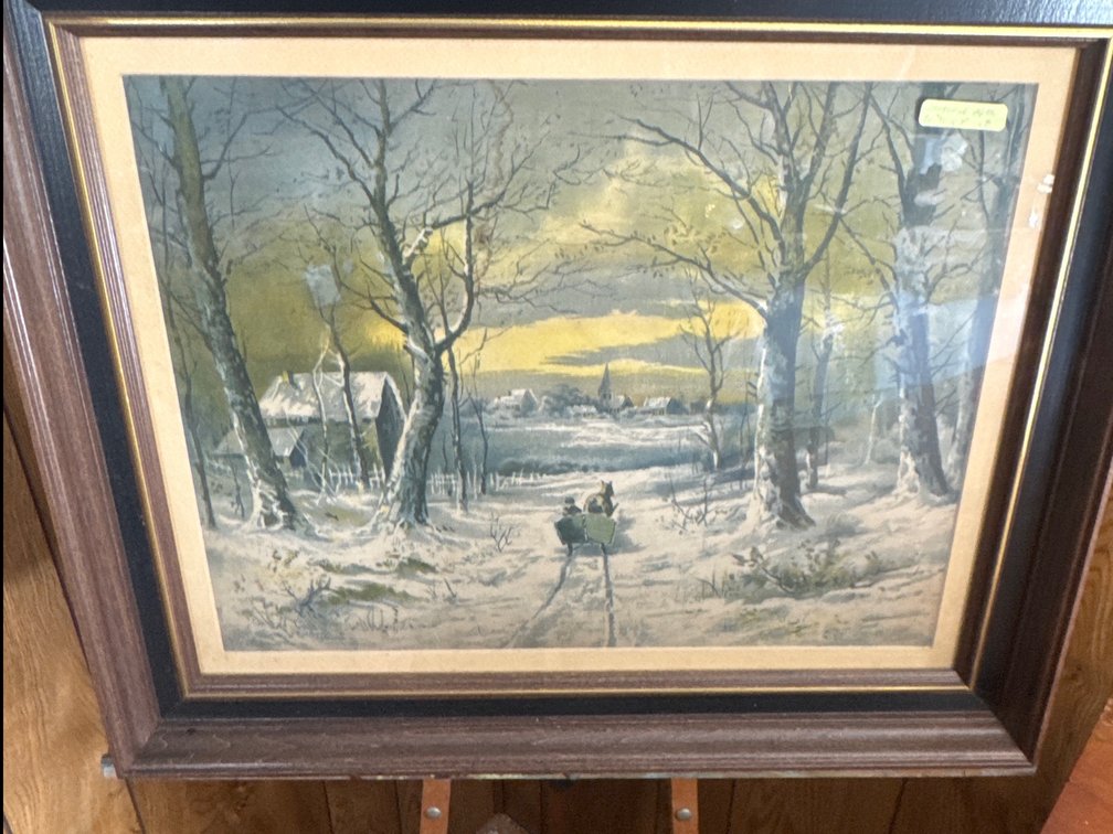 Framed 19th Century Winter Landscape Print with Horse-Drawn Sleigh, 20 x 24