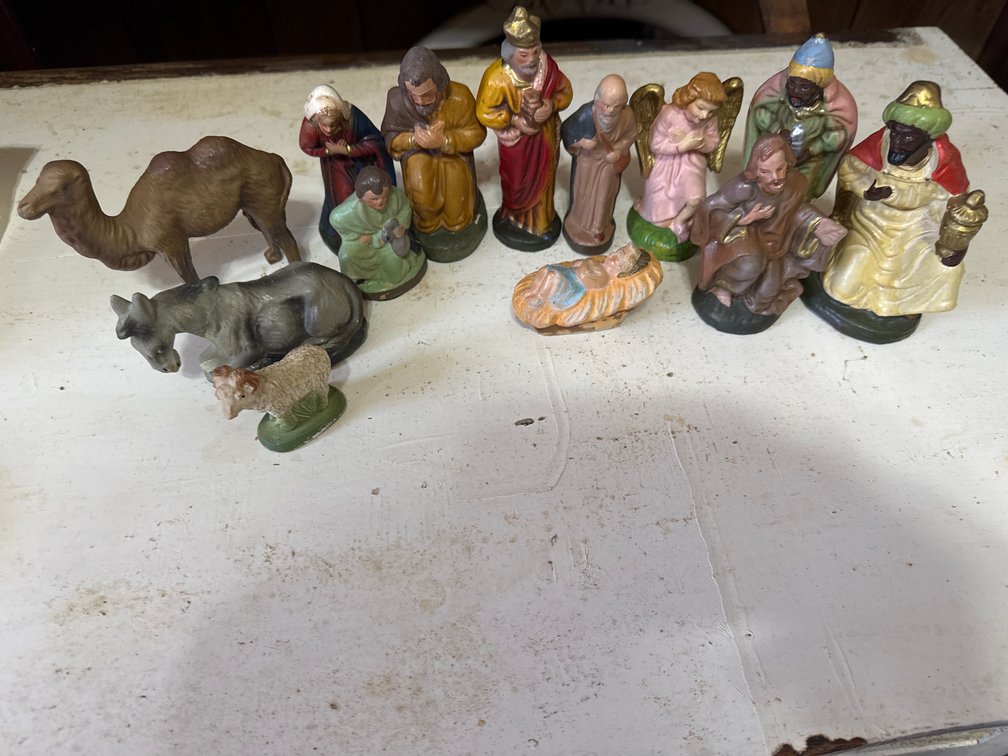 Vintage Nativity Set with Carved Wood Crèche and 13 Figurines