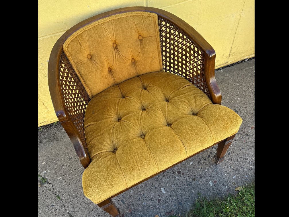 Caned Barrel Armchair with Tufted Gold Upholstery
