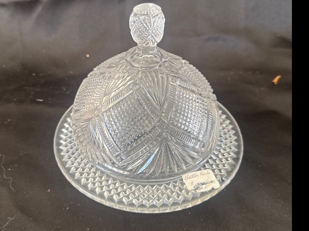 Clear Patterned Glass Covered Butter Dish