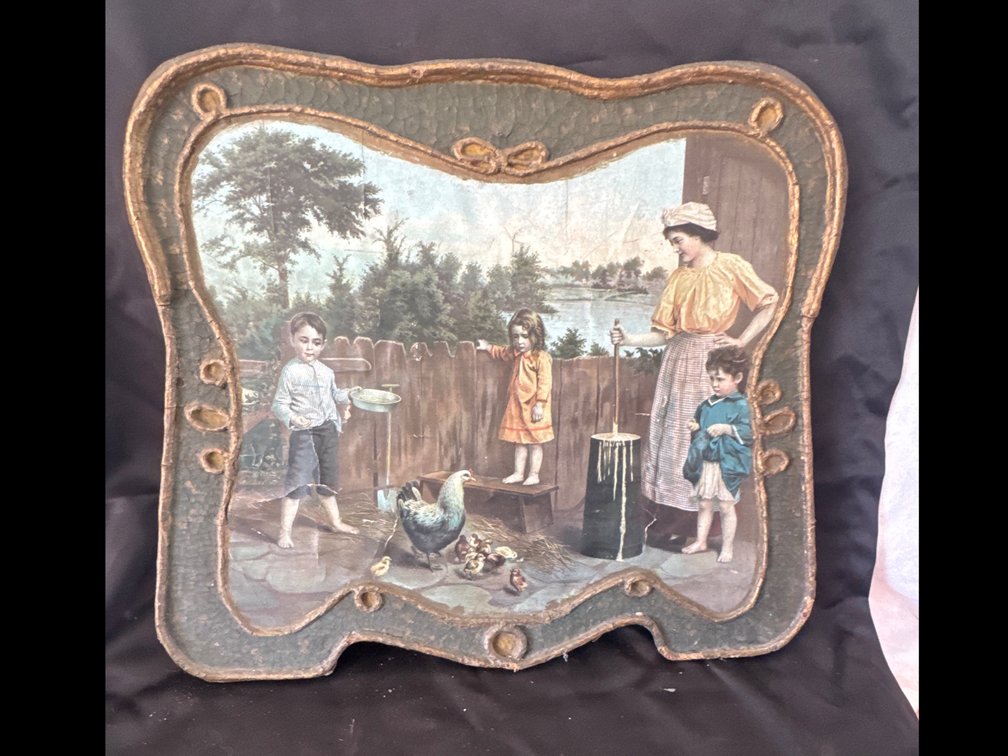 Antique Decorative Plaque with Rural Farmyard Scene