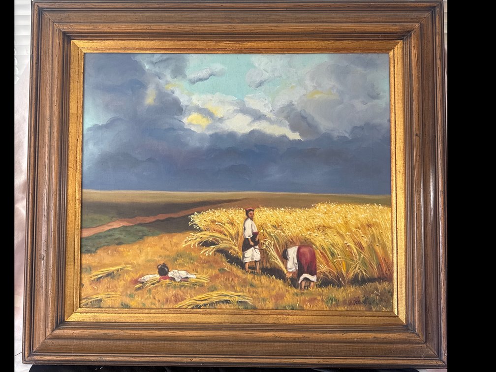 Framed Oil Painting of Figures Harvesting Wheat, Signed R Synylo