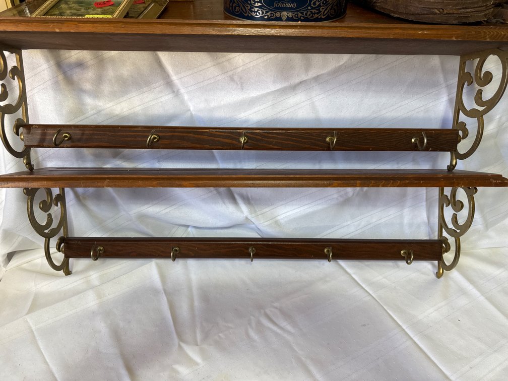 Pair of Wood Wall Display Shelves with Brass-Tone Scroll Brackets, 30 In.