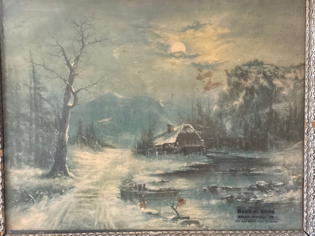 Framed Bank of Siren Advertising Winter Landscape Art Print