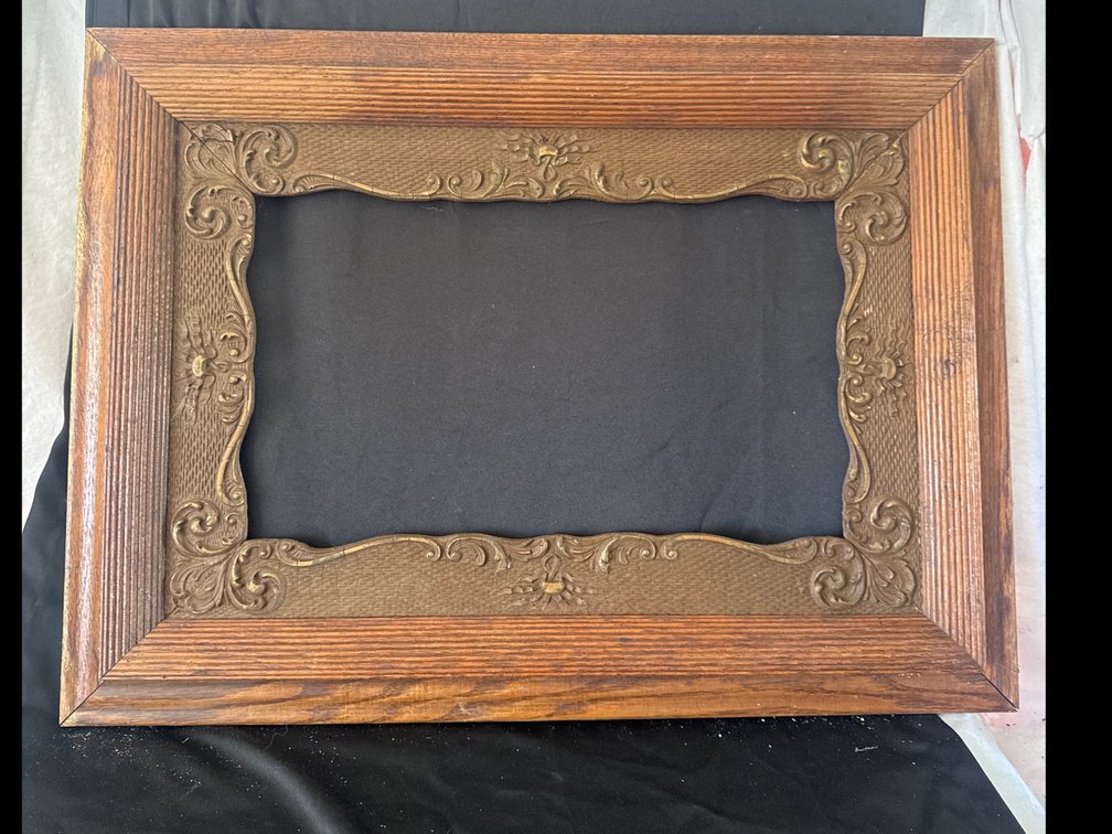 Stained Wood Picture Frame with Ornate Scroll and Floral Liner
