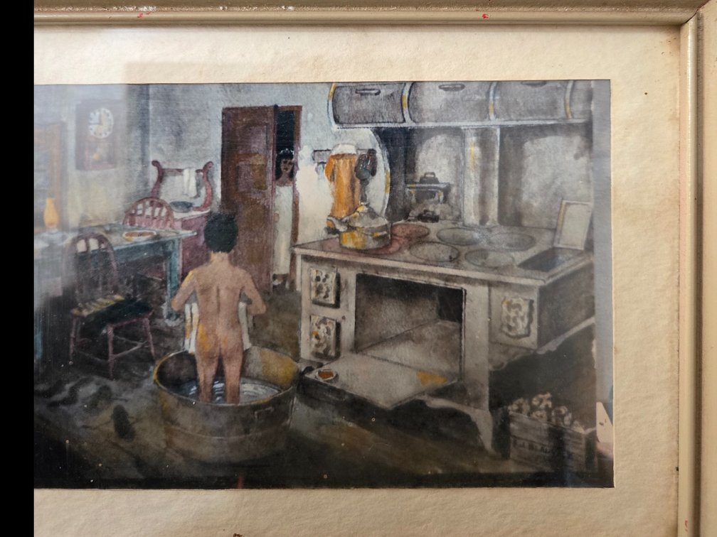 Framed Domestic Scene Artwork Inscribed "Saturday Night at Fargo-1915- In My Granmother's House"