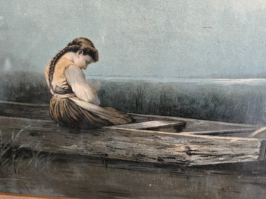 Framed Artwork of a Young Woman in a Rowboat