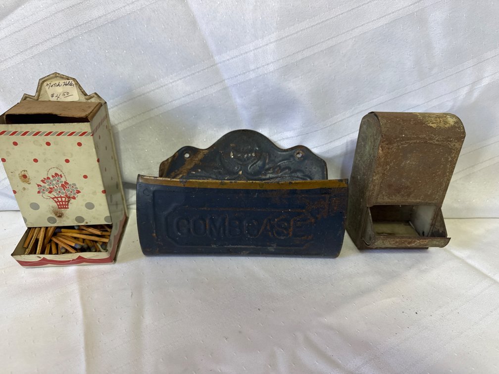 Vintage Metal Wall-Mount Match Holders and Comb Case (3)