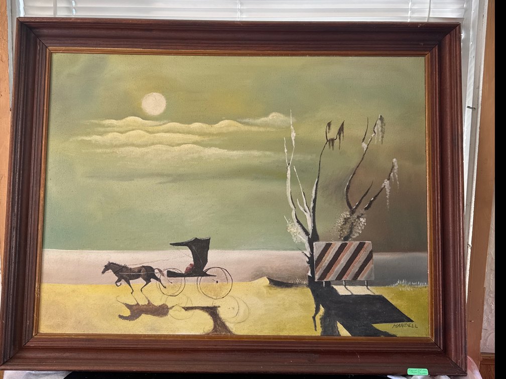 HANDELL Signed Oil on Canvas Painting of Horse-Drawn Buggy, 32 x 40