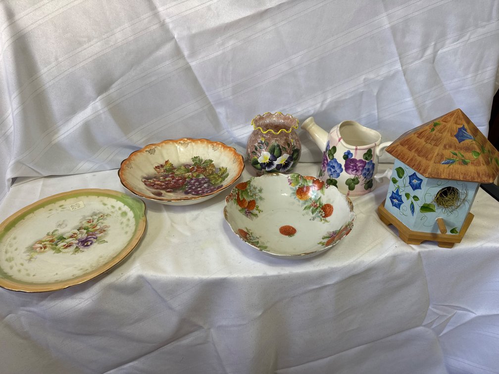 Floral Decorative Ceramics and Painted Wooden Birdhouse