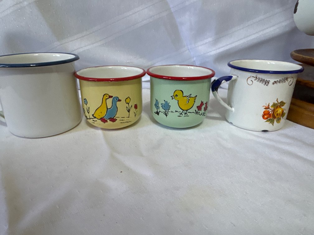 Turned Wooden Mug Stand with Miniature Enamelware Mugs