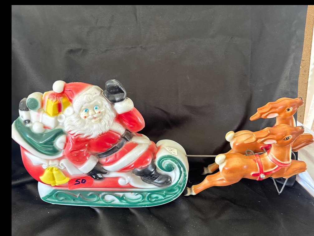 Molded Plastic Santa Claus in Sleigh Blow Mold Figure