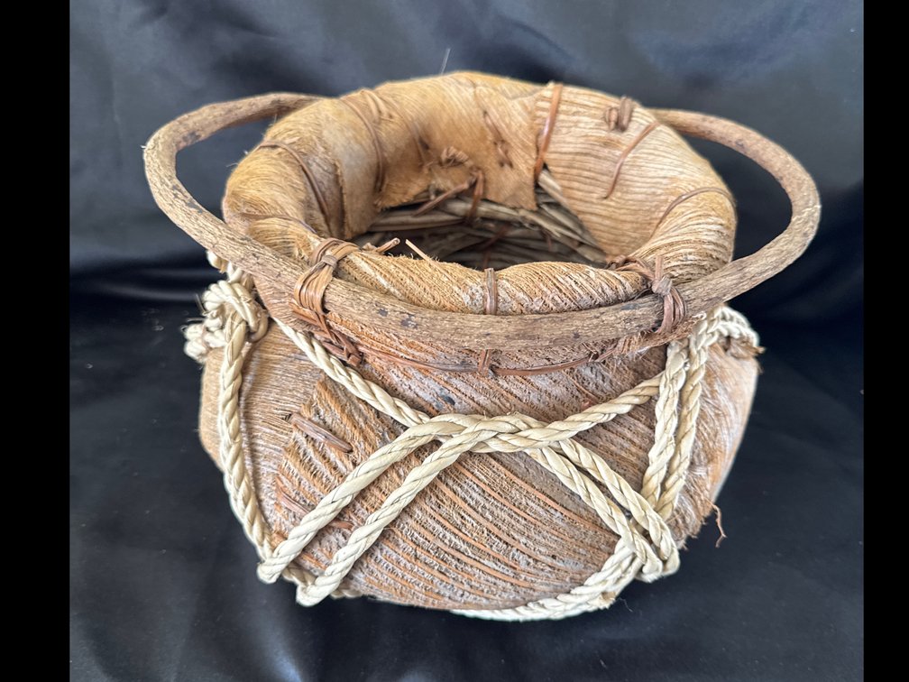 Handmade Natural Fiber Vessel with Wood Handle and Braided Cord Harness