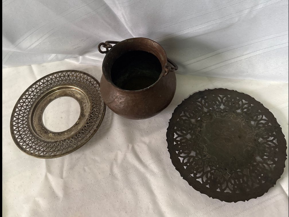 Hammered Copper Pot, Meriden B. Co. Pierced Silver-Plated Ring, and Reticulated Plate (3)