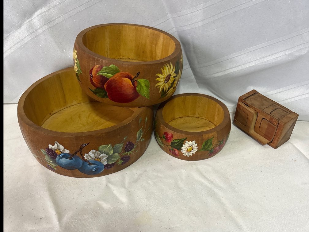 Hand-Painted Wooden Bowls, Coaster Set, and Wooden Puzzle Box