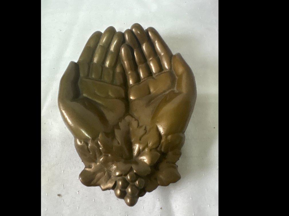 Cast Metal Cupped Hands Dish and Cast Brass Wall Font