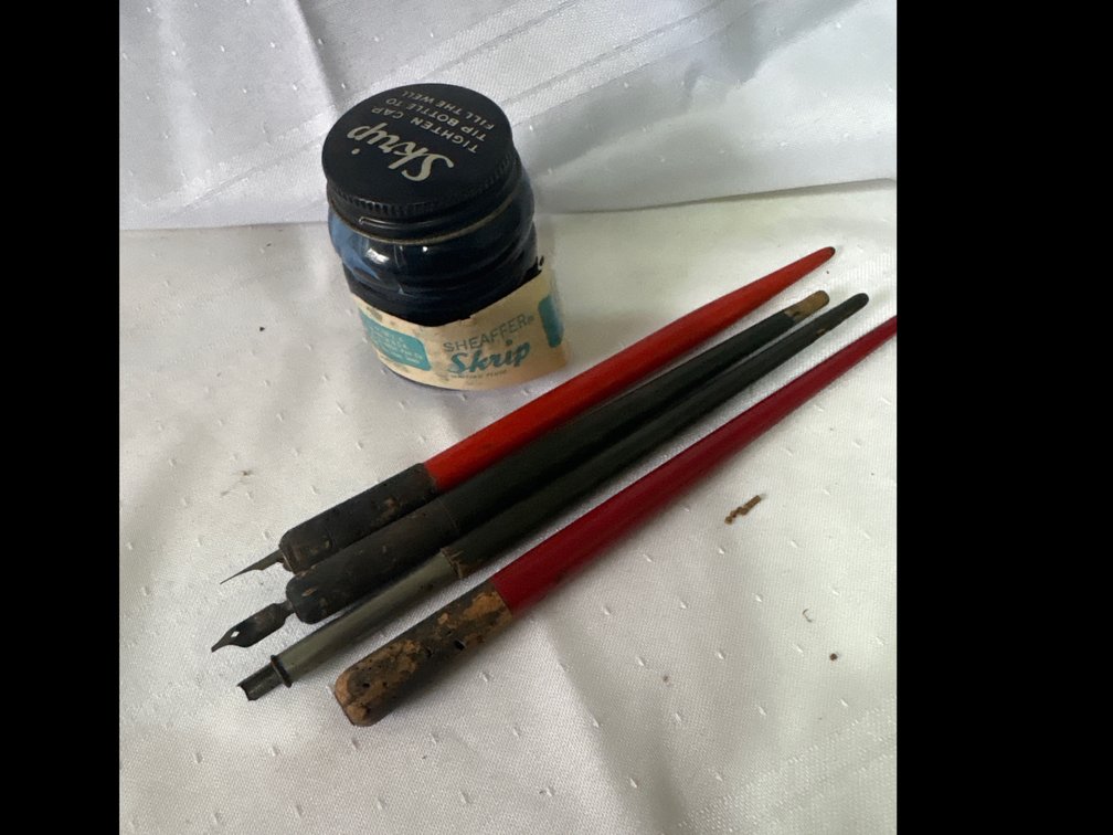 Glass Ink Bottle and Dip Pens