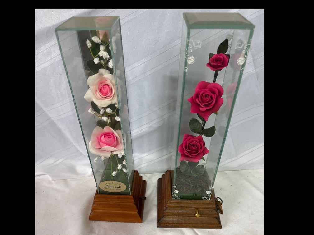 Glass Display Case Musical Boxes with Artificial Rose Arrangements, Pair